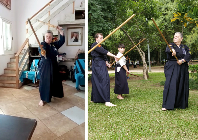 Aluna Mára treinando em casa e outra foto treinando Jojutsu com colegas de treino