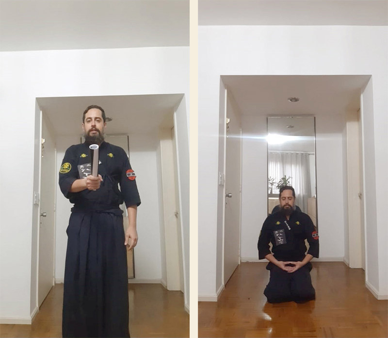 Coordenador Paiva do dojo Tucuruvi demonstrando treino com revista e outra foto em meditação