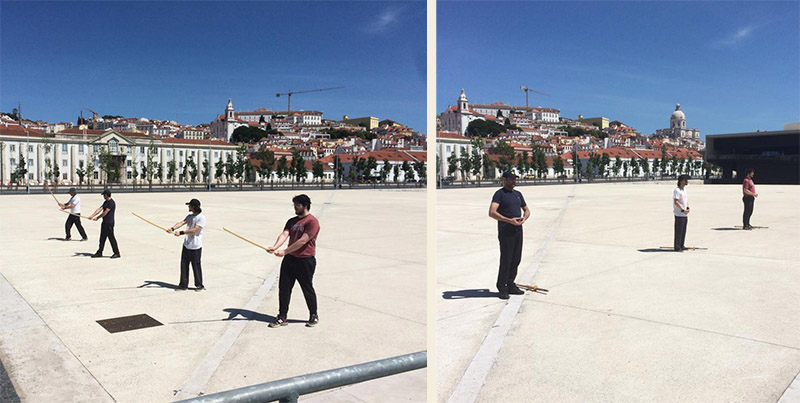 Alunos do dojo Lisboa, em Portugal, em treino ao ar livre